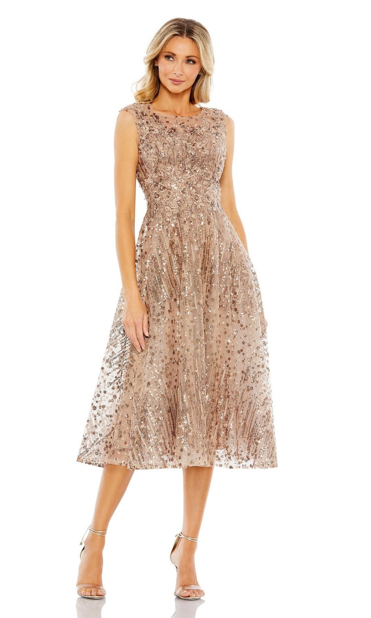 A woman wears the Mac Duggal 20398 bronze midi wedding guest dress with metallic sequins and strappy heels, posing against a white background.